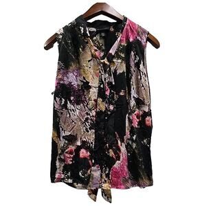 Apostrophe Womens Silky Tie Neck Tank Top L Black Abstract 90s Retro Artsy